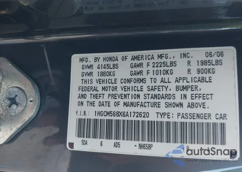 2006 Honda Accord 2.4 Ex from USA, damaged, VIN 1HGCM568X6A172620